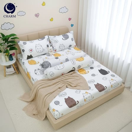 CHARM ชุดผ้าปูที่นอน + ผ้านวม 6 ฟุต 6 ชิ้น ลาย CHUBBY CAT คอลเลคชั่น DREAMY_2